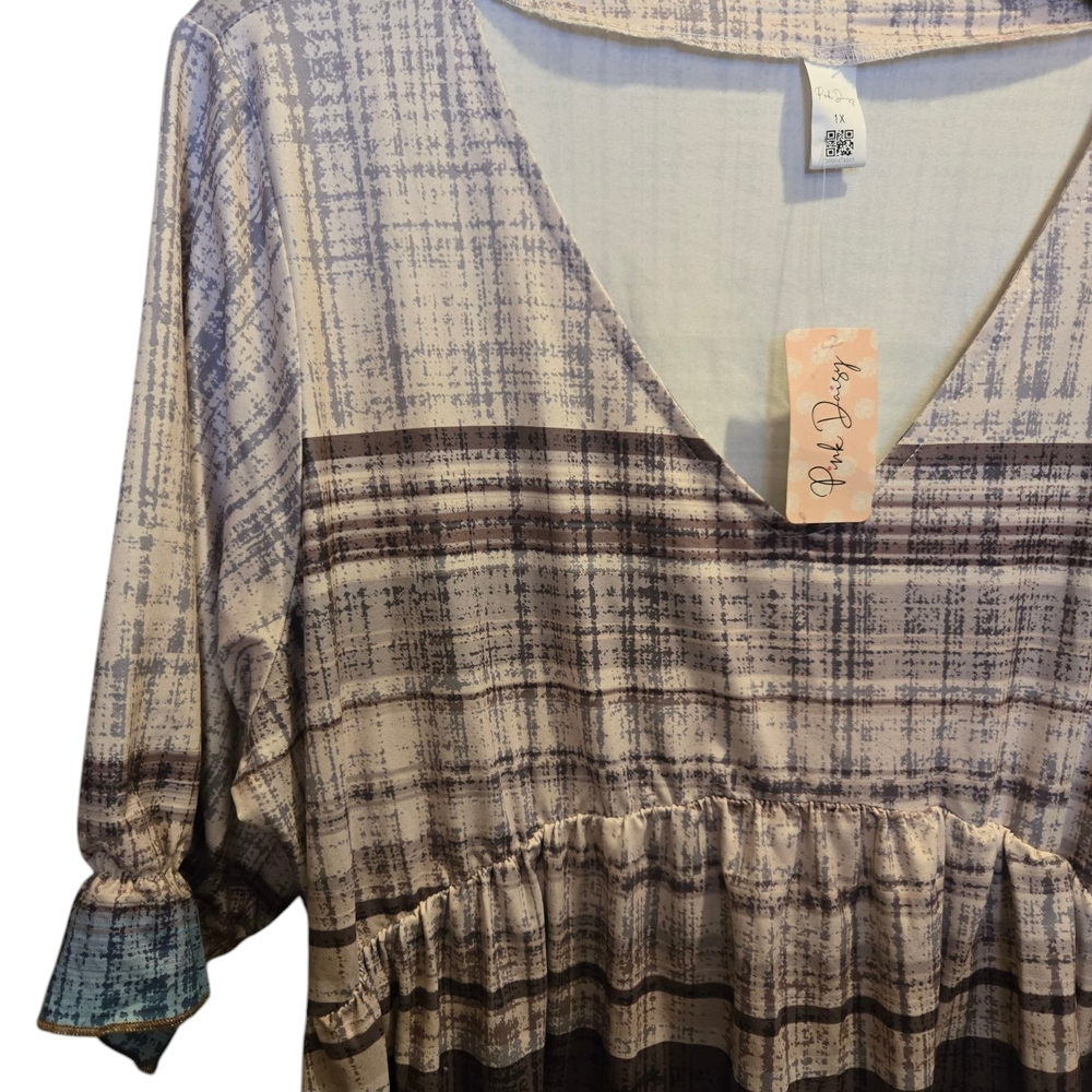 Plaid V-Neck Dress with Ruffle Sleeves Size 1X